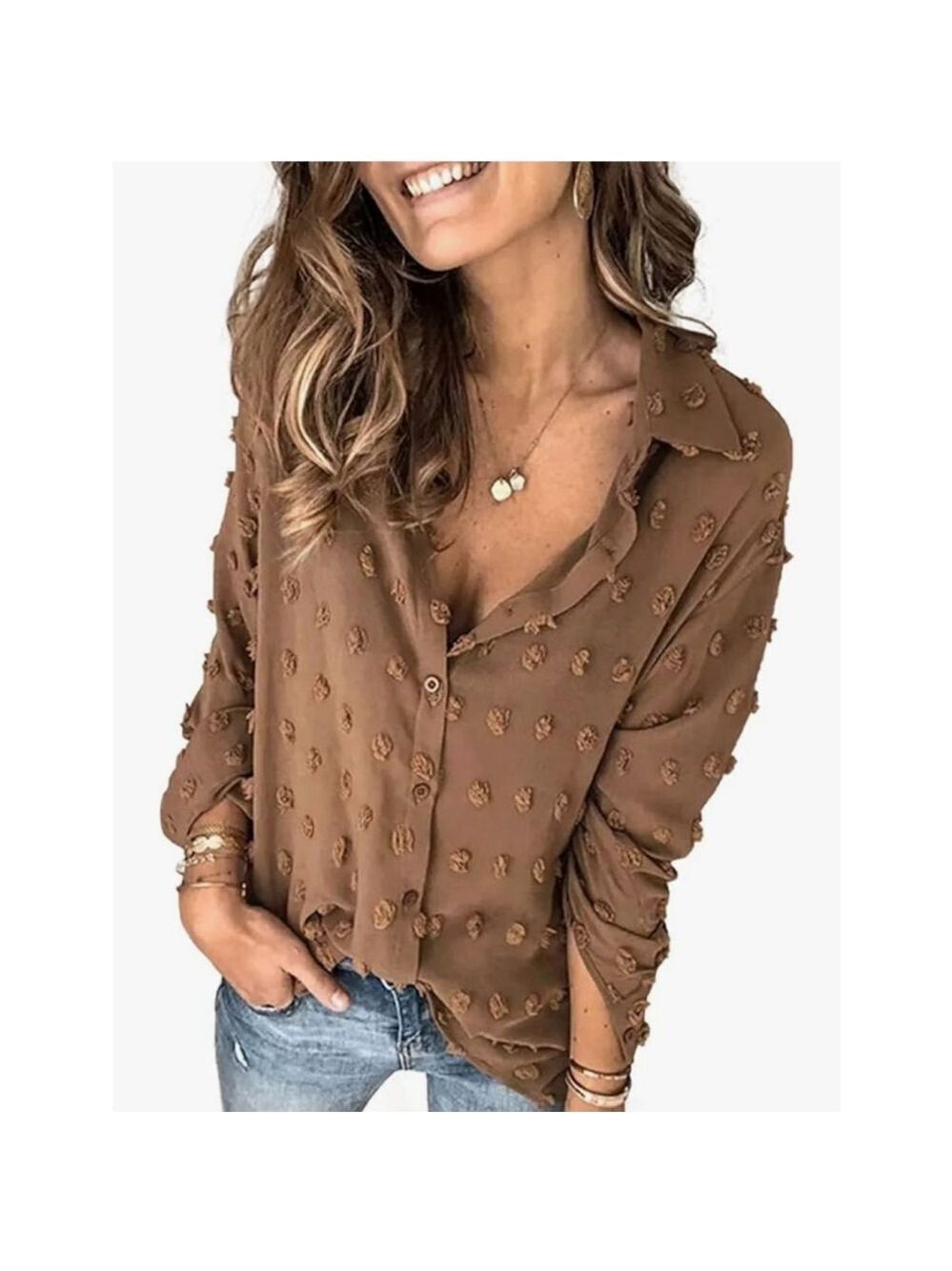Women's Unbranded Brown Fuzzy Dots Button-Up Shirt Size L